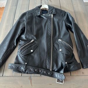 American Eagle Black Faux Leather Jacket with Leopard Faux Fur Lining
